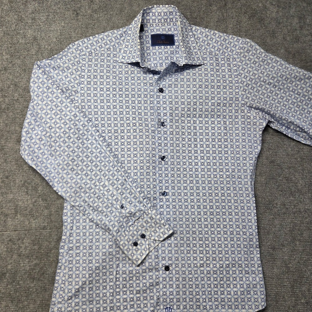 David Donahue Mens Blue White Geometric Print Cotton Button Down Shirt Small